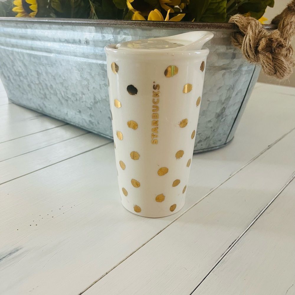Starbucks white and gold polka dot 2014 10oz tumbler with lid